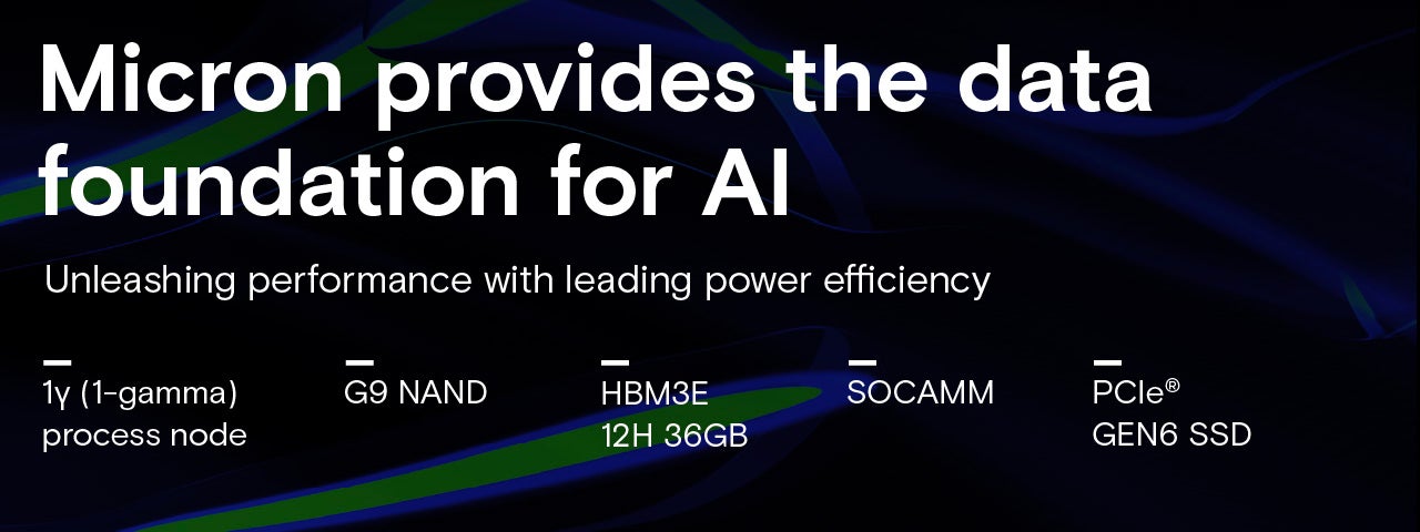 Micron provides the data foundation for AI, highlighting technologies like G9 NAND, HBM3E 12H 36GB, SOCAMM, and PCIe GEN6 SSD with a focus on performance and power efficiency.